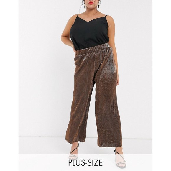 Vero Moda Curve Womens Plisse Wide Leg Pants Metallic Copper plus size 2X - Picture 4 of 13